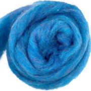 Bulky carded Corriedale wool roving in vivid cornflower blue melange with purple and pink tones, from the Tutti Frutti Series