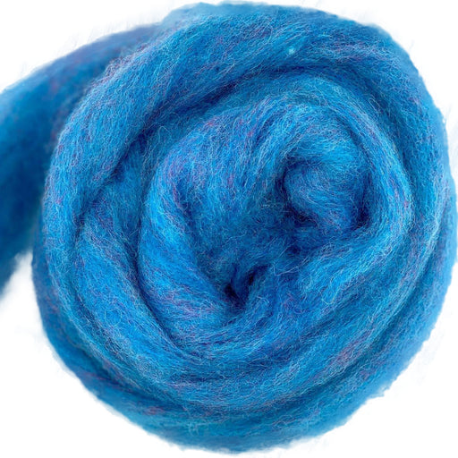 Bulky carded Corriedale wool roving in vivid cornflower blue melange with purple and pink tones, from the Tutti Frutti Series