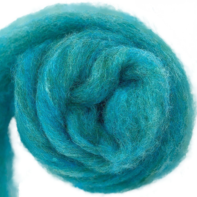 Bulky carded Corriedale wool roving in bright teal-turquoise melange, from the Tutti Frutti Series