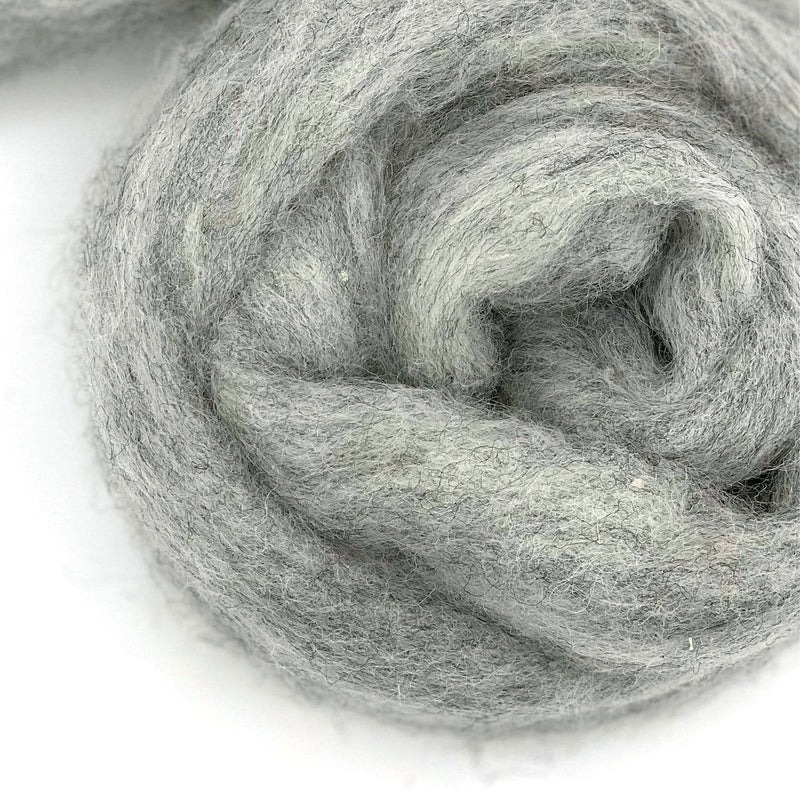 Drizzle — pale grey Corriedale wool roving from the Shades of Grey Series. Perfect for felting & spinning