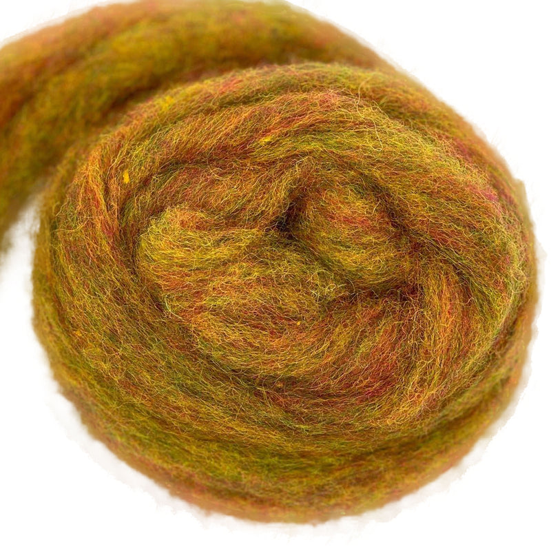 Bulky carded Corriedale wool roving in warm olive-green and rust melange with hints of pink, from the Tutti Frutti Series