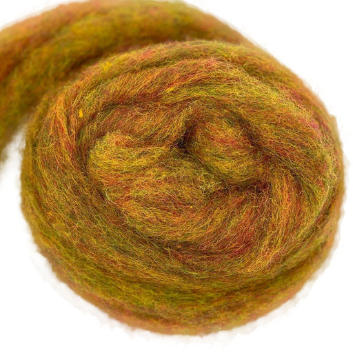 Bulky carded Corriedale wool roving in warm olive-green and rust melange with hints of pink, from the Tutti Frutti Series