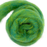 Bulky carded Corriedale wool roving in bright yellow-green and teal melange, from the Tutti Frutti Series