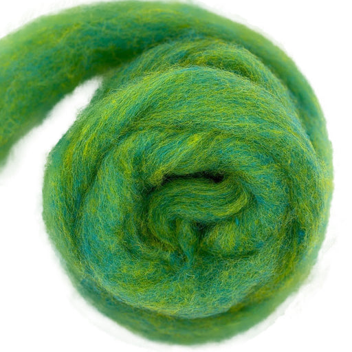 Bulky carded Corriedale wool roving in bright yellow-green and teal melange, from the Tutti Frutti Series