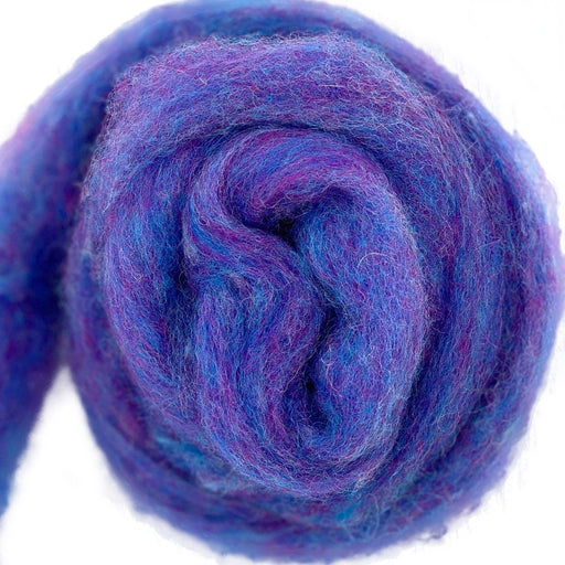 Bulky carded Corriedale wool roving in soft blue-purple melange with lavender and pink tones, from the Tutti Frutti Series