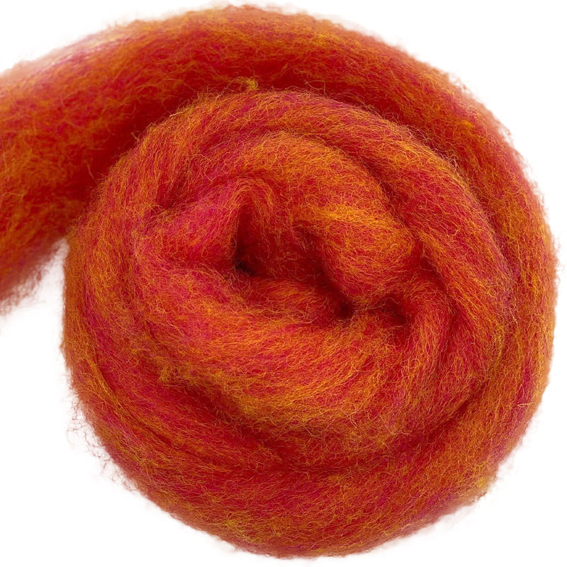 Bulky carded Corriedale wool roving in warm orange-red melange with amber and hot-pink tones, from the Tutti Frutti Series