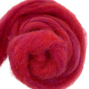 Bulky carded Corriedale wool roving in deep raspberry-red melange with cool purple tones, from the Tutti Frutti Series