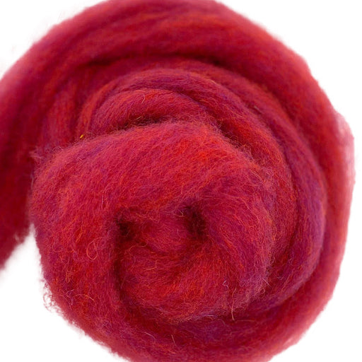 Bulky carded Corriedale wool roving in deep raspberry-red melange with cool purple tones, from the Tutti Frutti Series