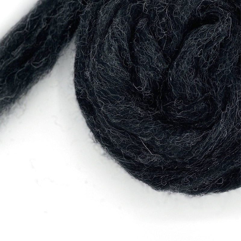 Thunder — near-black charcoal grey Corriedale wool roving from the Shades of Grey Series. Perfect for felting & spinning.