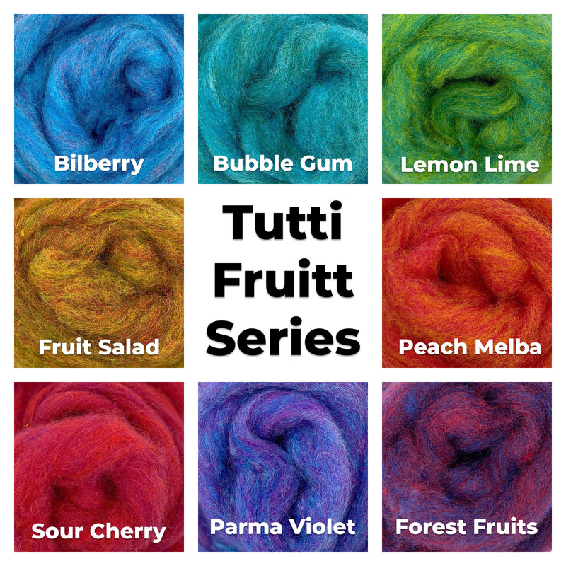Bulky carded Corriedale wool roving collection showing all 8 colorways of the Tutti Frutti Series — 25g each, 200g total