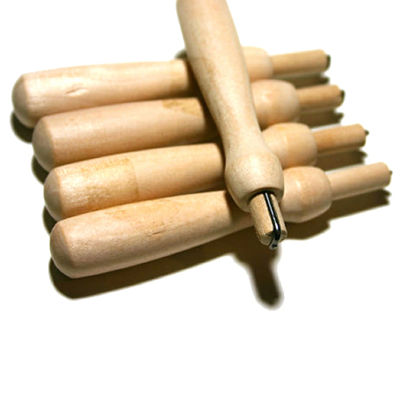 Wooden needle felting holders arranged on white background, single needle felting tools